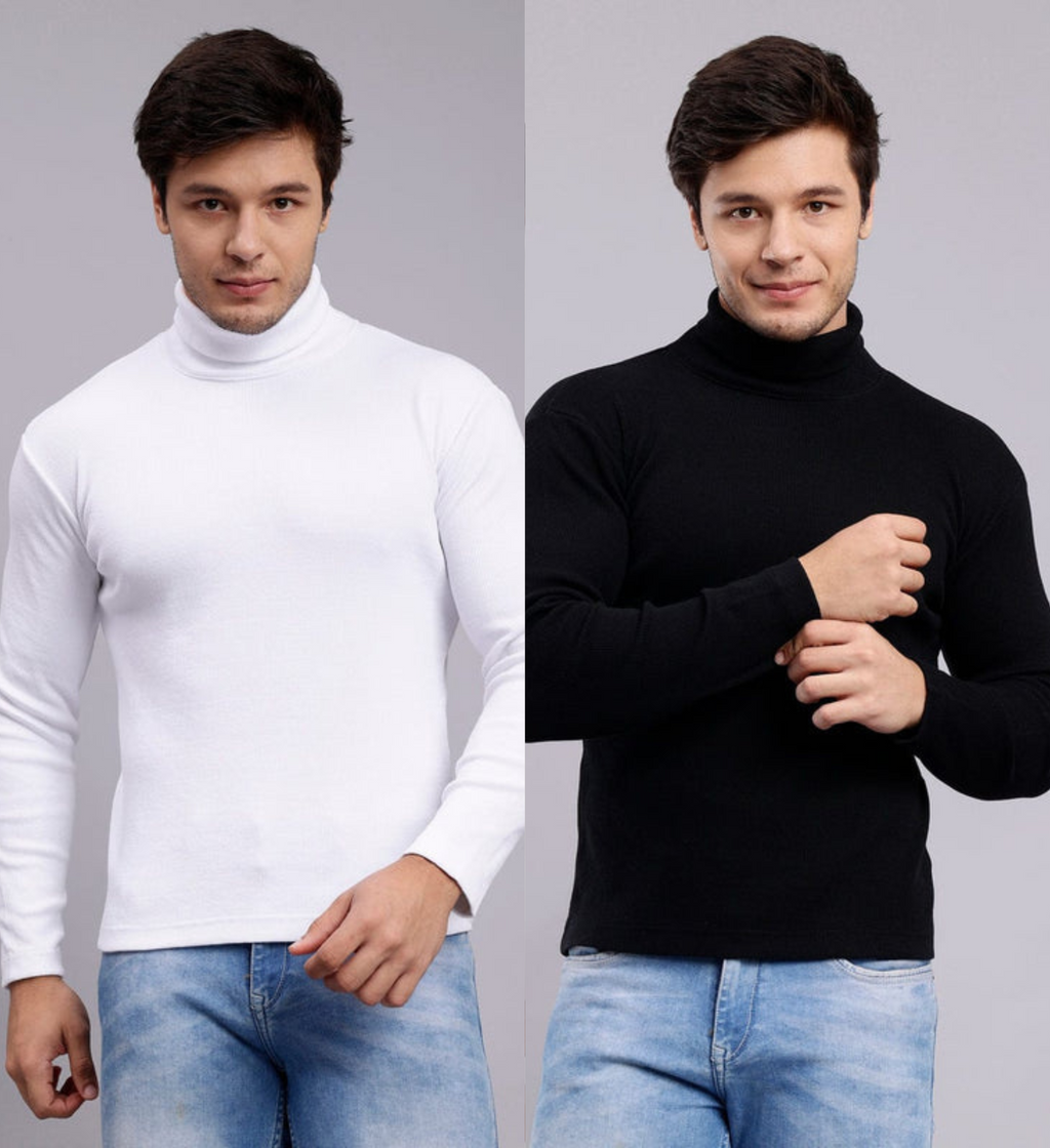 Mens Solid Black & White Turtle Neck Rib Sweater | Basic High Neck Sweater | Plain Jumper ( Pack Of 2 )
