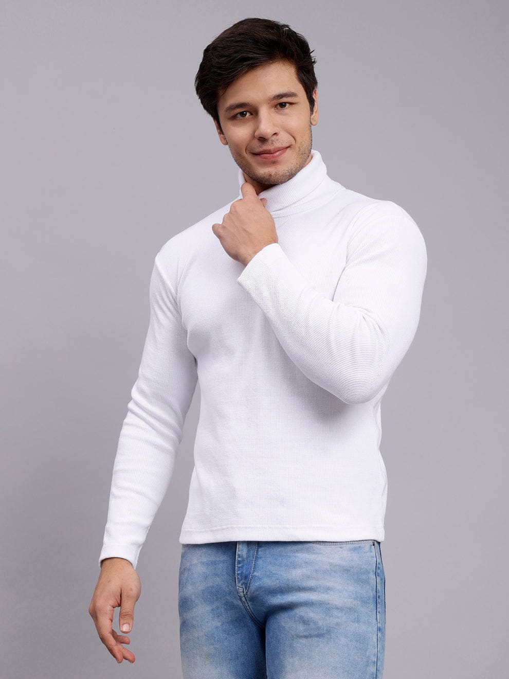 Mens Solid White Turtle Neck Rib Sweater | Basic High Neck Sweater | Plain Jumper