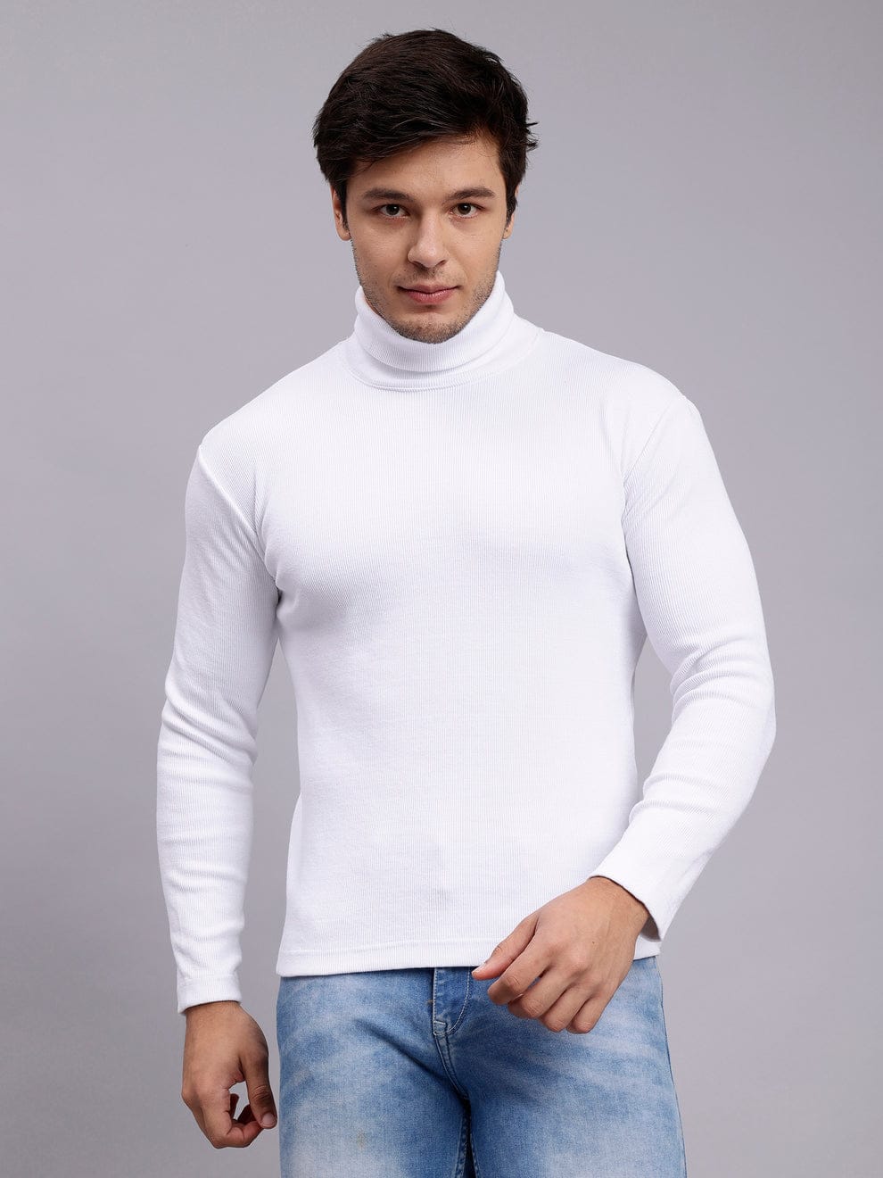 Mens Solid White Turtle Neck Rib Sweater | Basic High Neck Sweater | Plain Jumper