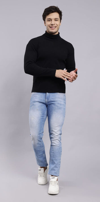 Mens Solid Black Turtle Neck Rib Sweater | Basic High Neck Sweater | Plain Jumper