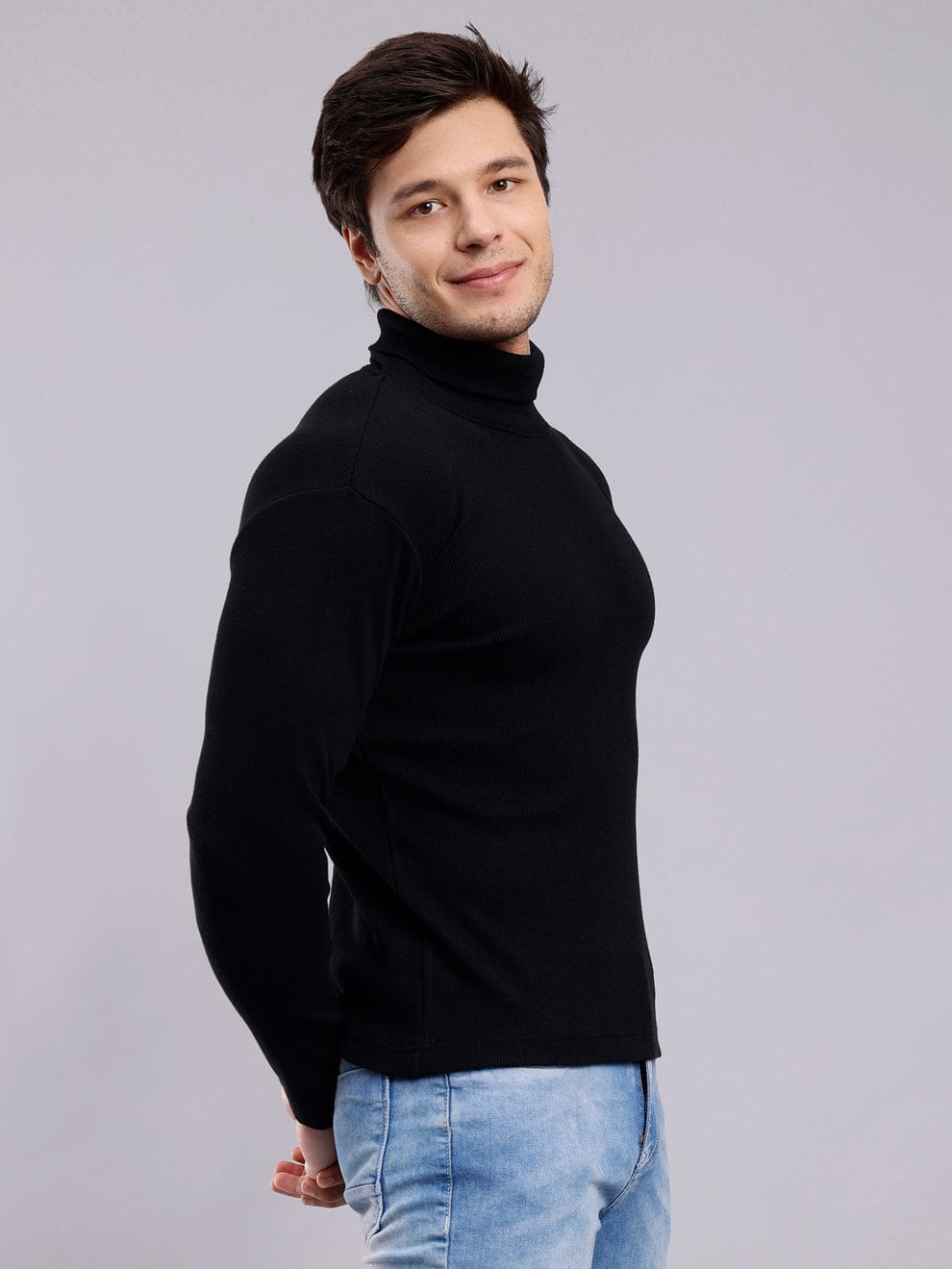 Mens Solid Black Turtle Neck Rib Sweater | Basic High Neck Sweater | Plain Jumper