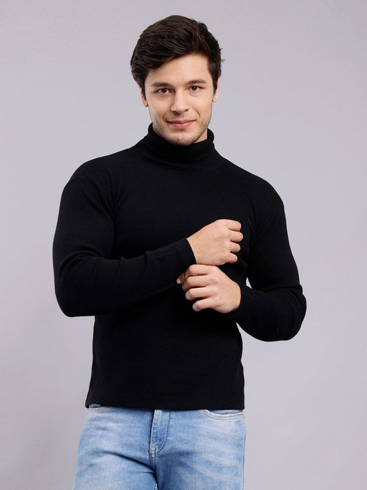 Mens Solid Black Turtle Neck Rib Sweater | Basic High Neck Sweater | Plain Jumper