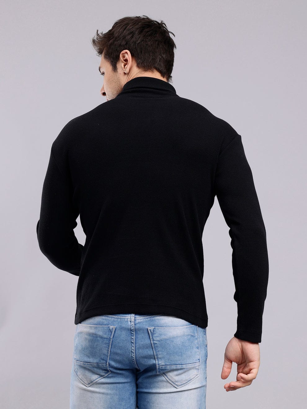 Mens Solid Black Turtle Neck Rib Sweater | Basic High Neck Sweater | Plain Jumper