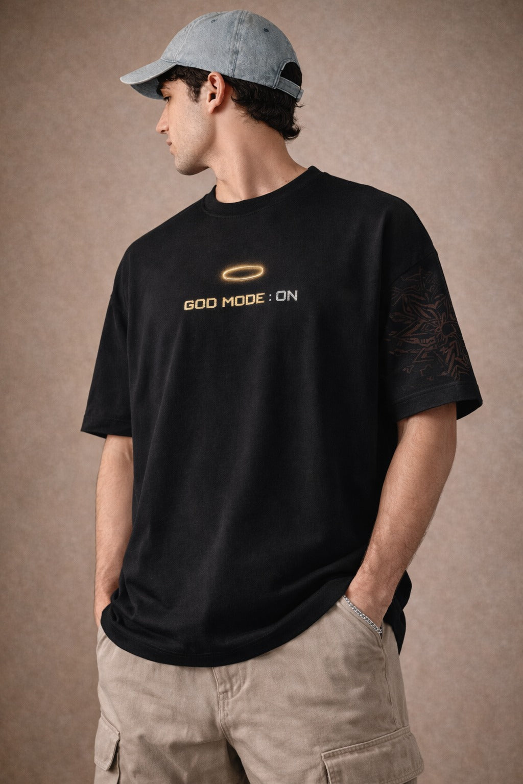 Men’s “GOD MODE ON” Graphic Printed T-Shirt – Premium Cotton | Regular & Oversized Fit