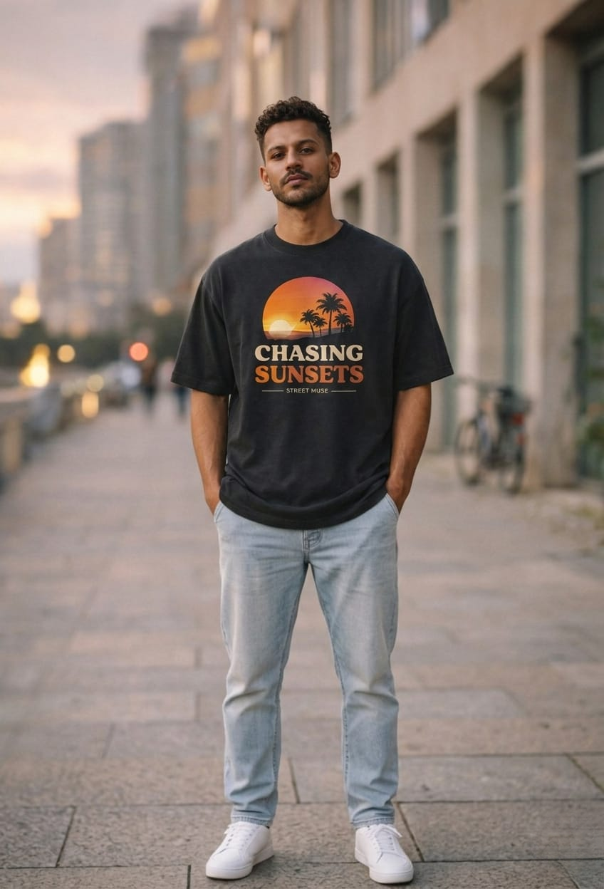Men’s “Sunset Muse” Graphic Printed T-Shirt – Premium Cotton | Regular & Oversized Fit