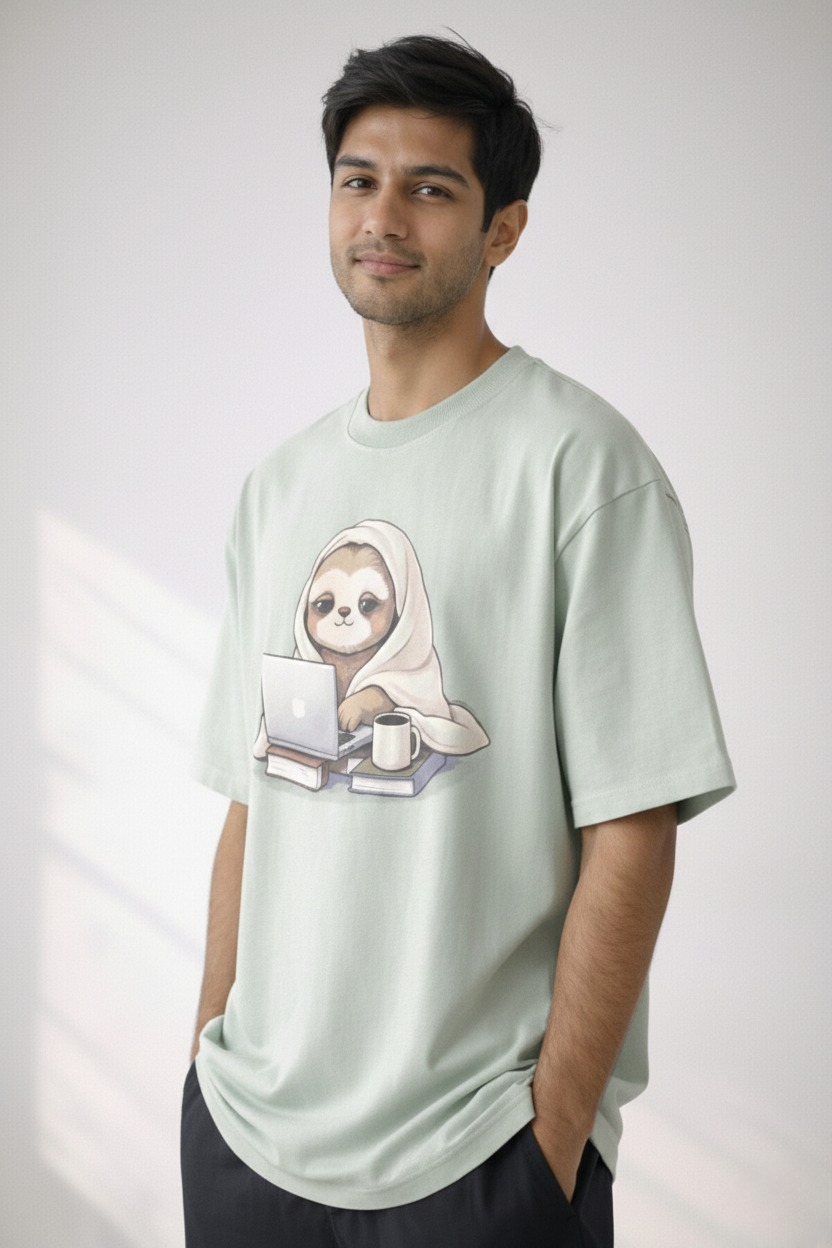 Men’s “Cozy Hustle Sloth” Graphic Printed T-Shirt – Premium Cotton | Regular & Oversized Fit