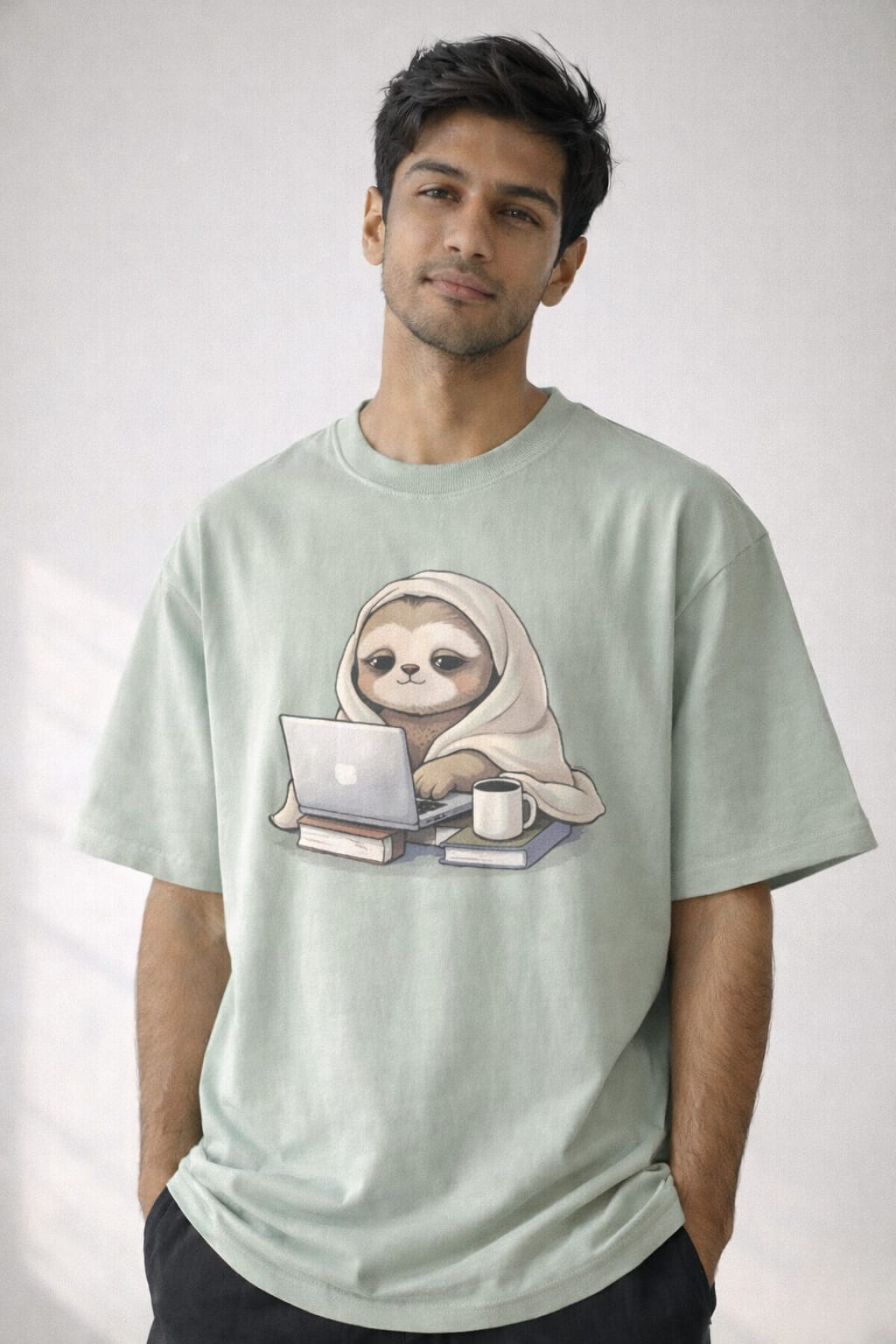 Men’s “Cozy Hustle Sloth” Graphic Printed T-Shirt – Premium Cotton | Regular & Oversized Fit