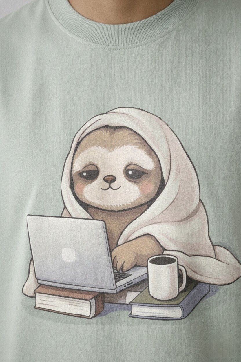 Men’s “Cozy Hustle Sloth” Graphic Printed T-Shirt – Premium Cotton | Regular & Oversized Fit