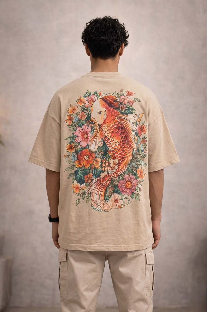 Men’s “Koi Blossom” Graphic Printed T-Shirt – Premium Cotton | Regular & Oversized Fit