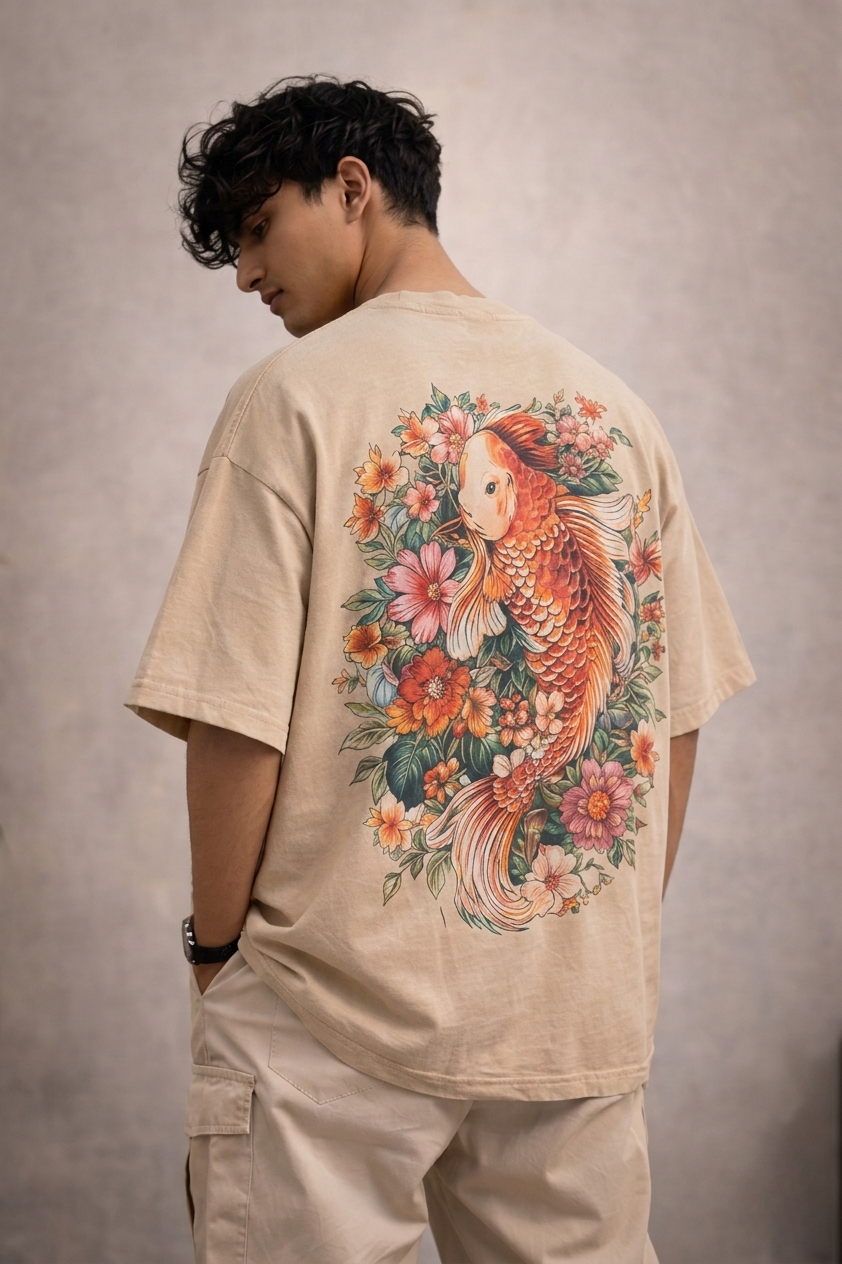 Men’s “Koi Blossom” Graphic Printed T-Shirt – Premium Cotton | Regular & Oversized Fit