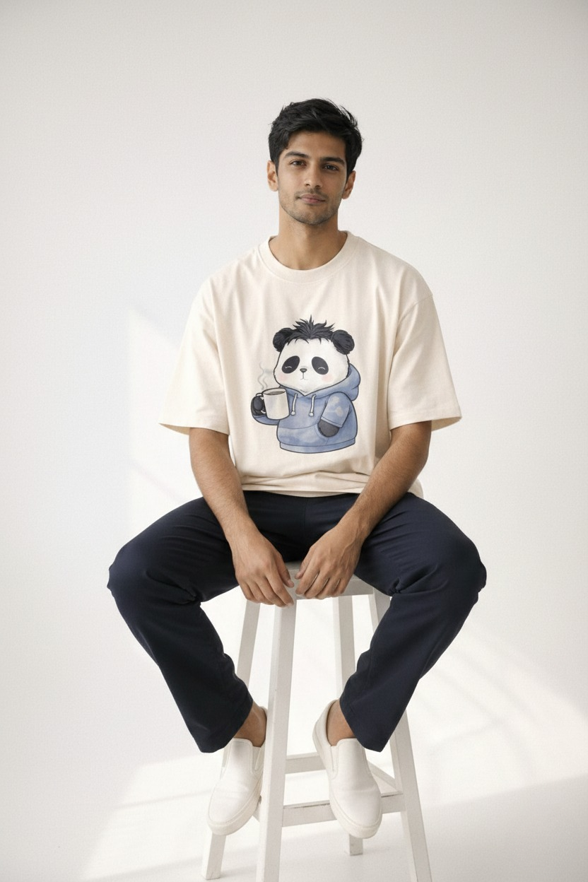 Men’s “Cozy Panda” Graphic Printed T-Shirt – Premium Cotton | Regular & Oversized Fit