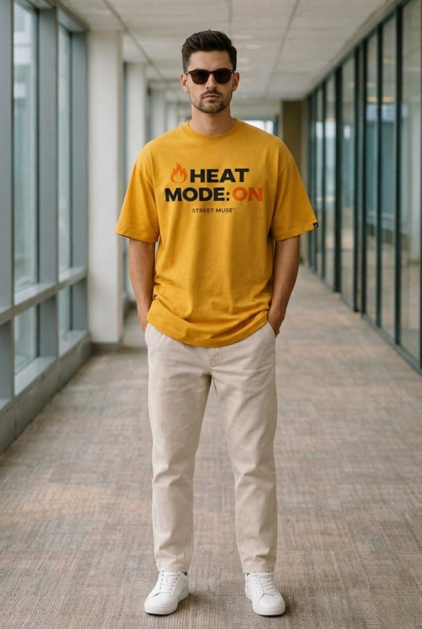 Men’s “HEAT MODE” Graphic Printed T-Shirt – Premium Cotton | Regular & Oversized Fit